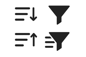 Sort and filter icon set for web, app, and UI design. Data organization control. Ascending, descending order, and funnel pictograms. Vector illustration interface element.