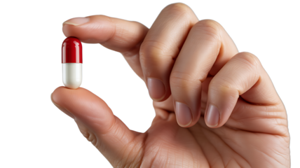 Human Hand Holding Red and White Medicinal Capsule Between Thumb and Forefinger