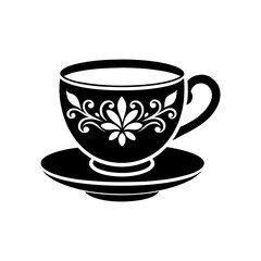 Black teacup with floral design on saucer on transparent background silhouette