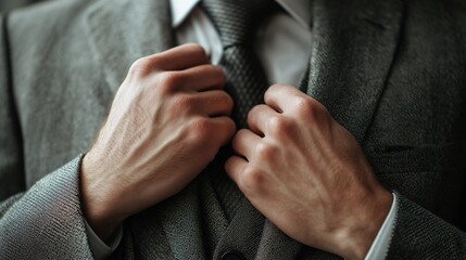Fototapeta premium Close-up of a man adjusting a tie on a classic suit. A strong symbol of masculinity, determination, and elegance. Perfect visual for International Men's Day and professional identity.