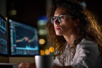 Focused businesswoman analyzing financial data on computer screens at night, symbolizing trading, technology, analytics and determination. Perfect for finance, business and tech concepts.