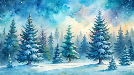 Enchanting winter forest watercolor painting serene snow-covered pine trees magical snowfall - Powered by Adobe