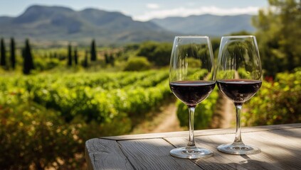 Two glasses of red wine on a wooden table with vineyard and mountain view in soft sunset light. Ideal for wine marketing, romantic travel, countryside lifestyle, or luxury tourism visuals.