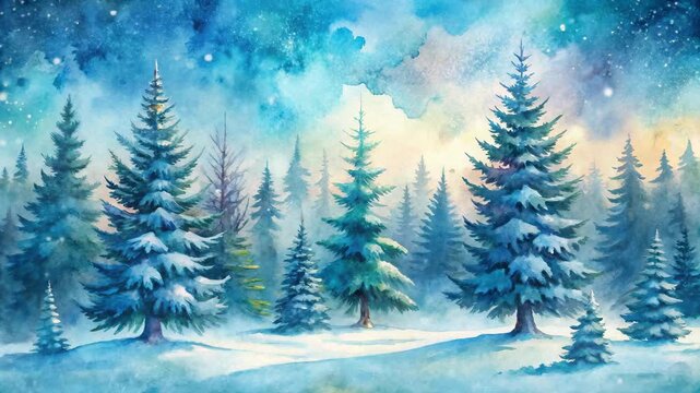 Enchanting winter forest watercolor painting serene snow-covered pine trees magical snowfall