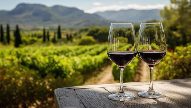 Two glasses of red wine on a wooden table with vineyard and mountain view in soft sunset light. Ideal for wine marketing, romantic travel, countryside lifestyle, or luxury tourism visuals.