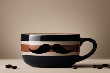 Coffee cup with mustache design on neutral background, surrounded by coffee beans. Minimal masculine composition for International Men’s Day, Father’s Day, celebration, gift and lifestyle concept.