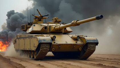 A powerful military tank advances across a dusty battlefield amidst smoke and fire.