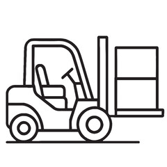 Simple line art icon of a forklift truck lifting a box