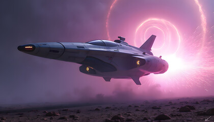 Futuristic spaceship soaring through a vibrant, otherworldly portal in a cosmic landscape.