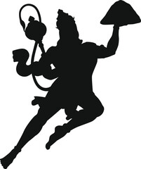 Silhouette of lord hanuman in dynamic leaping pose holding a mace and a mountain