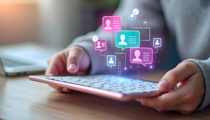 Person using a tablet with social media icons