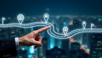 Businessman pointing at a route map with location markers over a cityscape.