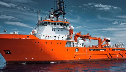 Orange and white offshore supply vessel or coast guard ship on calm ocean waters, modern maritime vessel with white superstructure 

and bright orange hull, communication masts and equipment
