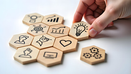 Hand placing lightbulb icon on wooden puzzle pieces