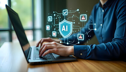 AI security concept with a person working on a laptop.