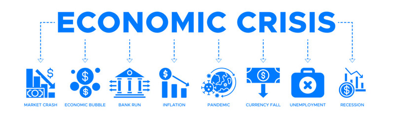 Economic crisis banner website icon vector illustration concept with icons of market crash, economic bubble, bank run, inflation, pandemic, currency fall, unemployment, recession