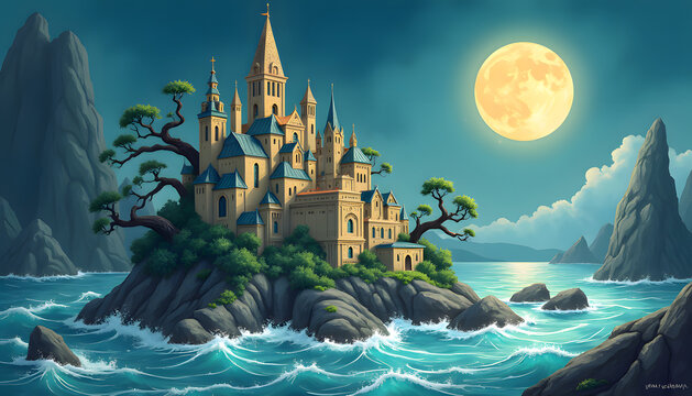 Fairytale Castle on a Rocky Island Under the Moonlight - Powered by Adobe