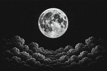 Black and white dotwork illustration of the full moon surrounded by clouds, detailed stippling style night sky artwork with atmospheric celestial mood