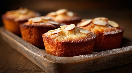 French financier almond cakes, rustic wooden tray