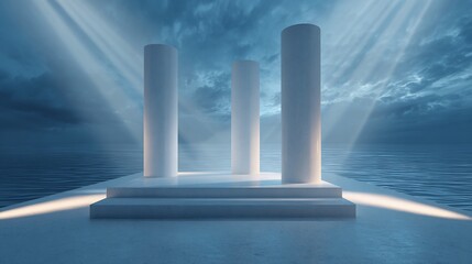Three white pillars on platform by sea under cloudy sky, light shafts