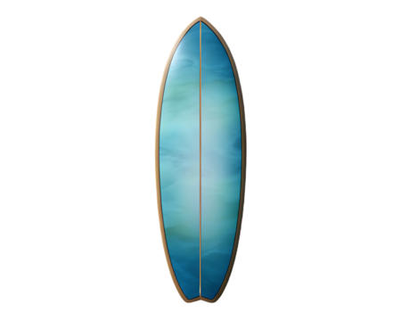 Blue and green surfboard with wooden trim isolated on a transparent background surfing