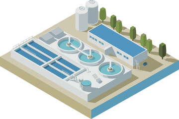 Isometric 3D illustration of modern wastewater treatment plant with filtration tanks, clean water recycling facility, sewage purification system, sustainable technology