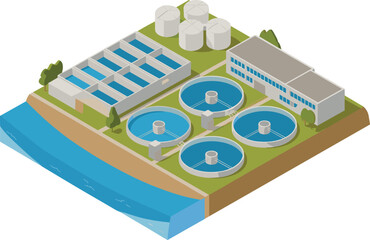 Isometric 3D illustration of modern wastewater treatment plant with filtration tanks, clean water recycling facility, sewage purification system, sustainable technology