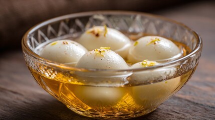 Indian rasgulla in syrup, elegant glass bowl