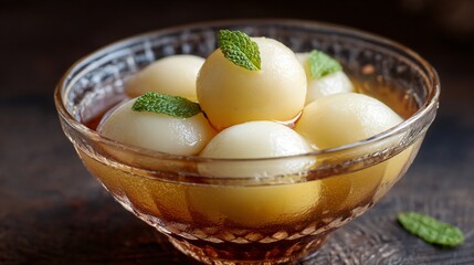 Indian rasgulla in syrup, elegant glass bowl