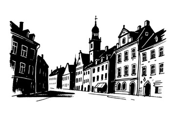 Obraz premium Historic European street with traditional buildings, hand-drawn ink sketch style on white background, concept of architecture and travel