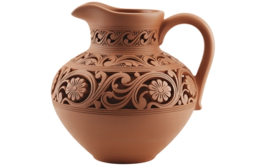 Terracotta Clay Pitcher with Intricate Floral Carved Designs and Handle