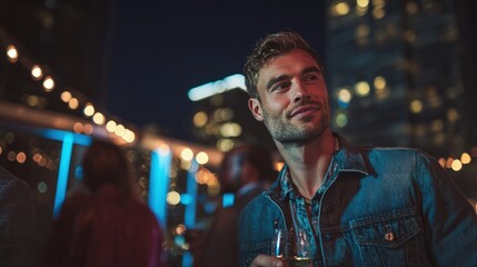 Man Urban Lifestyle Charismatic man at a rooftop bar city lights sparkling stylish outfit socializing with friends modern urban nightlife