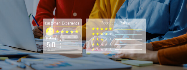 A team collaborates in a modern office environment, discussing customer experience ratings and...