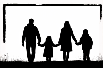 Silhouette of a family walking together holding hands representing unity and togetherness isolated on white