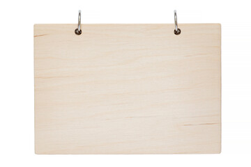 sign isolated on white background: wooden board with two metal rings for hanging