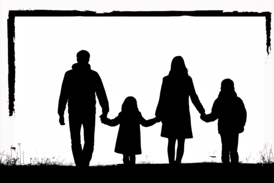 Silhouette of a family walking together holding hands representing unity and togetherness isolated on white