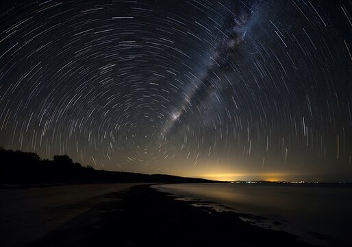 Circular Star Trails illuminate a Coastal Landscape at Nighttime
