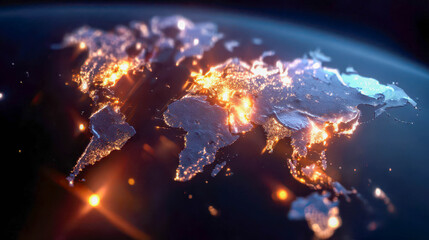 Abstract illuminated world map glowing with city lights, symbolizing global connection, technology, and international communication