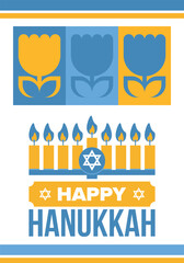 Hanukkah. Jewish festival. Festival of Lights. Traditional menorah. Candles. Star of David. Happy holiday banner. Creative art template. Vector illustration