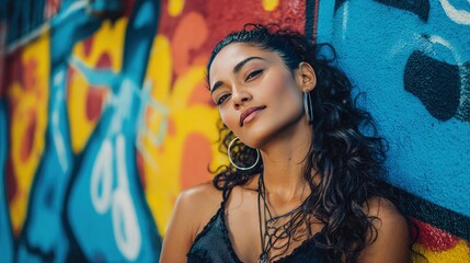 Trendy Woman Urban Lifestyle posing near graffiti wall bold colors expressive modern fashion urban culture atmosphere dynamic city background
