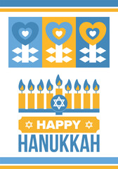 Hanukkah. Jewish festival. Festival of Lights. Traditional menorah. Candles. Star of David. Happy holiday banner. Creative art template. Vector illustration