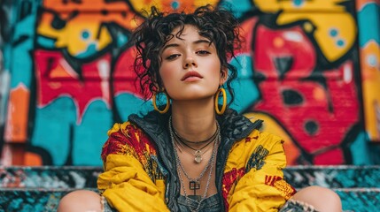Trendy Woman Urban Lifestyle posing near graffiti wall bold colors expressive modern fashion urban culture atmosphere dynamic city background