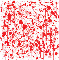 Abstract red paint splatter and drip art on white background