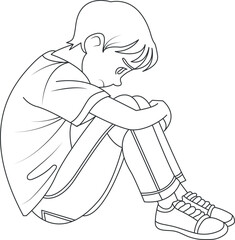 Sad boy sitting alone line art vector illustration