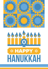 Hanukkah. Jewish festival. Festival of Lights. Traditional menorah. Candles. Star of David. Happy holiday banner. Creative art template. Vector illustration