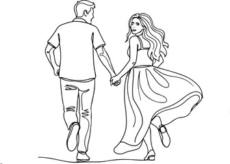 Romantic Couple Running - Minimalist Line Art Togetherness