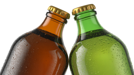 Condensation-Covered Green and Brown Glass Beer Bottles Closeup