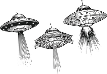 Three vintage style ufos or flying saucers in a sketch drawing style
