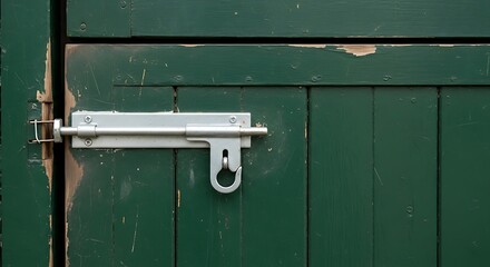 Weathered green wooden door with a silver sliding bolt lock offers a rustic and secure visual appeal