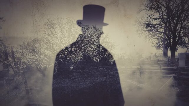 Double exposure vintage haunted portrait, video animation of  a man wearing a hat in a victorian style and subtle folk horror mood